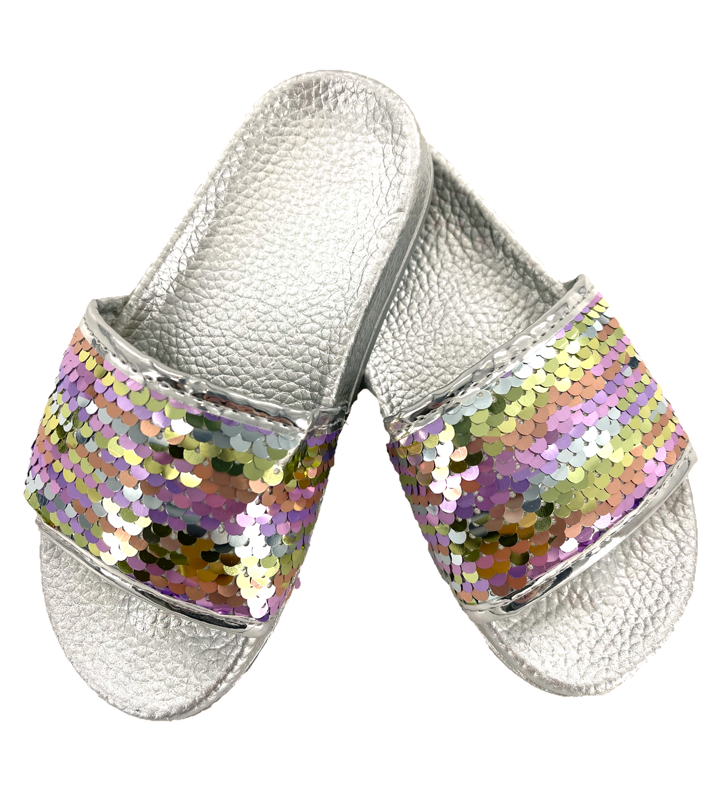 Girls Silver and Rainbow Sequin Pool Slider Beach Sandals