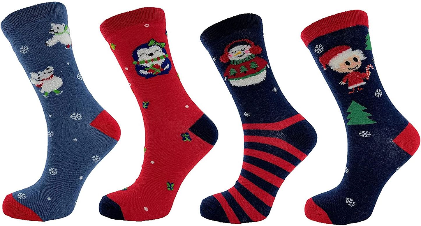 4 Pairs Ladies Christmas Patterned Cotton Rich Socks