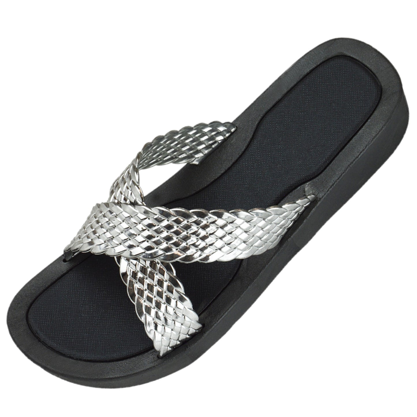 Ladies Silver Plaited Crossover Strap Summer Slider Beach Sandals