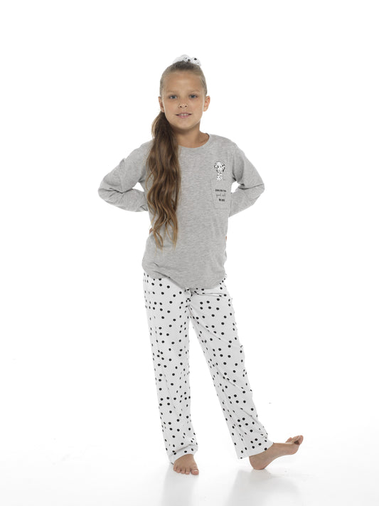 Girls Dalmatian Dog Print Cotton Blend Pyjamas with Matching Scrunchie Set