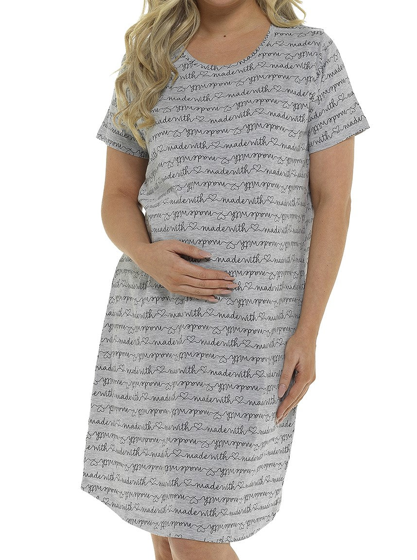 Ladies Maternity "Made with Love" Soft Cotton Short Sleeve Nightshirt Nightdress
