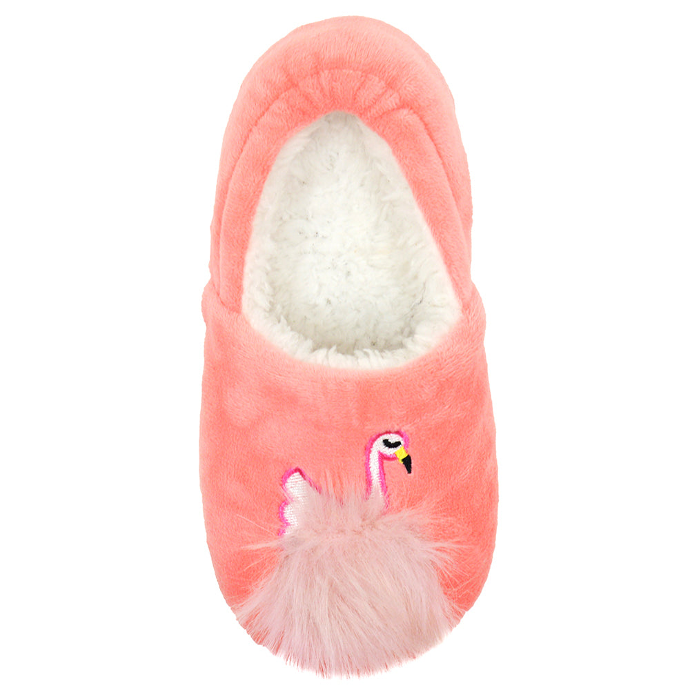 Girls Pink Flamingo Plush Slippers House Shoes