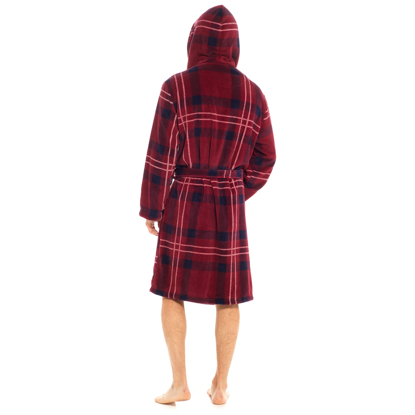 Men's Coral Fleece Tartan Checked Hooded Robe Dressing Gown