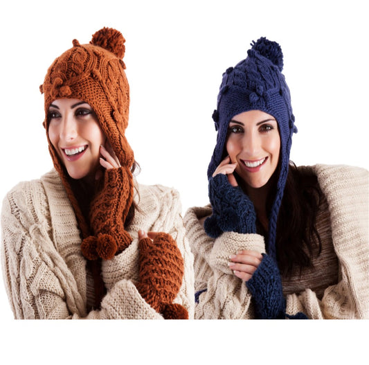 Ladies Peruvian Bobble Hat Knitted Winter Cold Weather Hat - 2 Colours to Choose