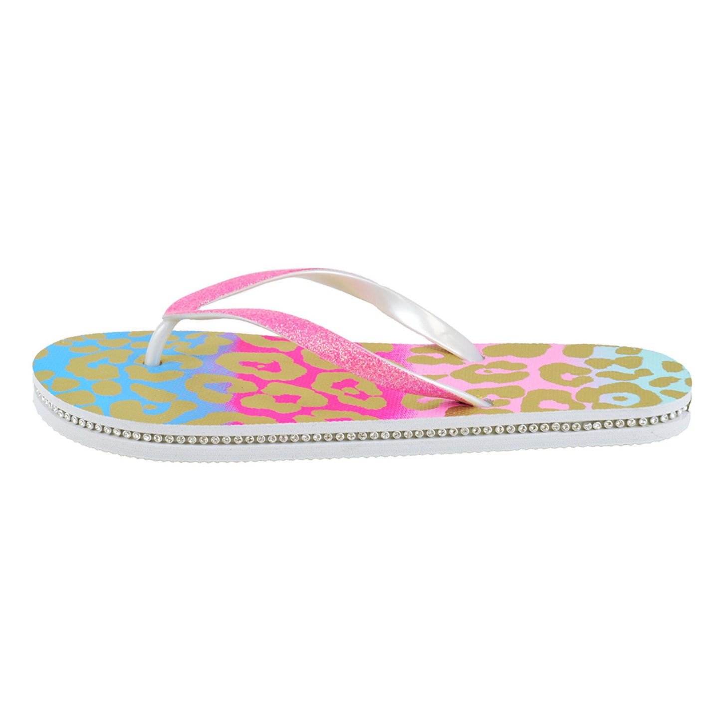 Ladies Leopard Print Glittery Strap Summer Flip Flops Beach Sandals with Diamantes
