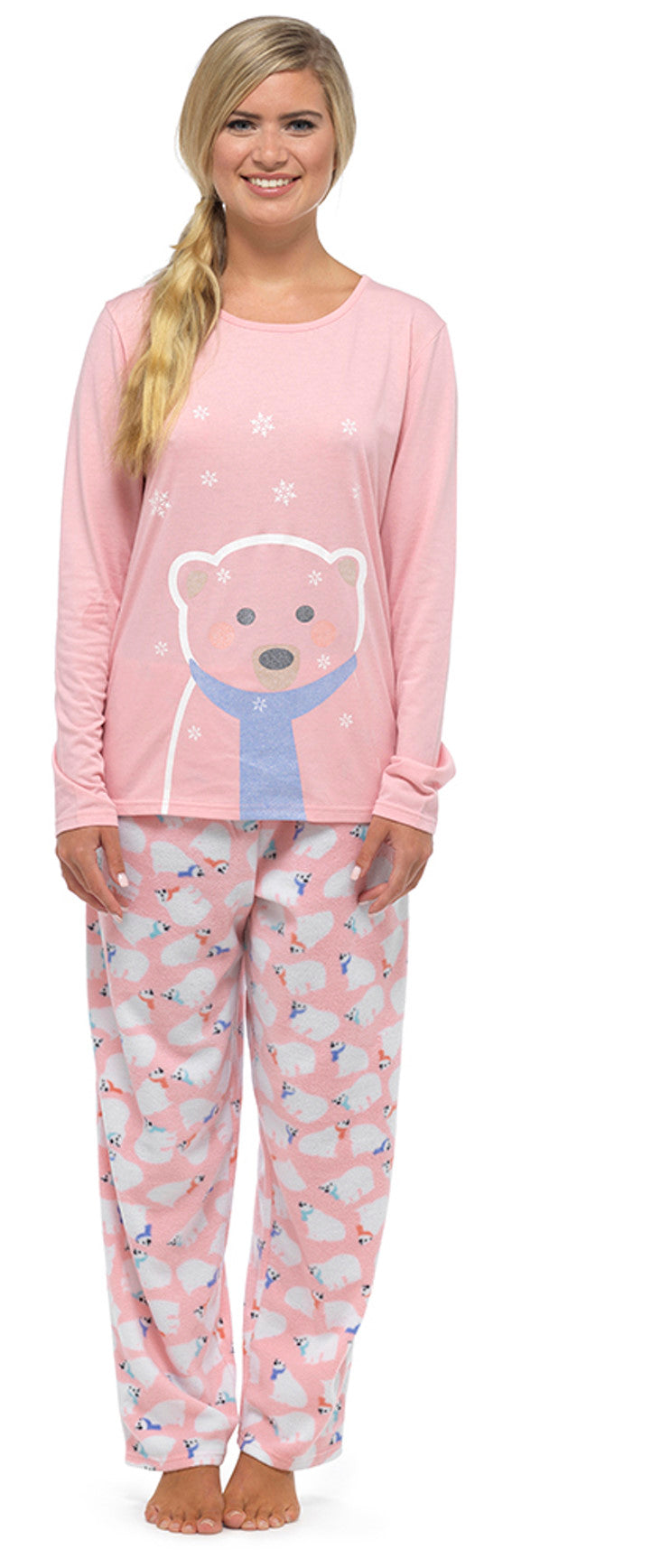 Ladies Polar Bear Winter Pyjama Set with Fleece Bottoms Set