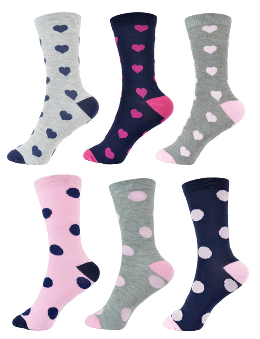 6 Pairs Ladies Hearts and Spots Design Ankle Socks