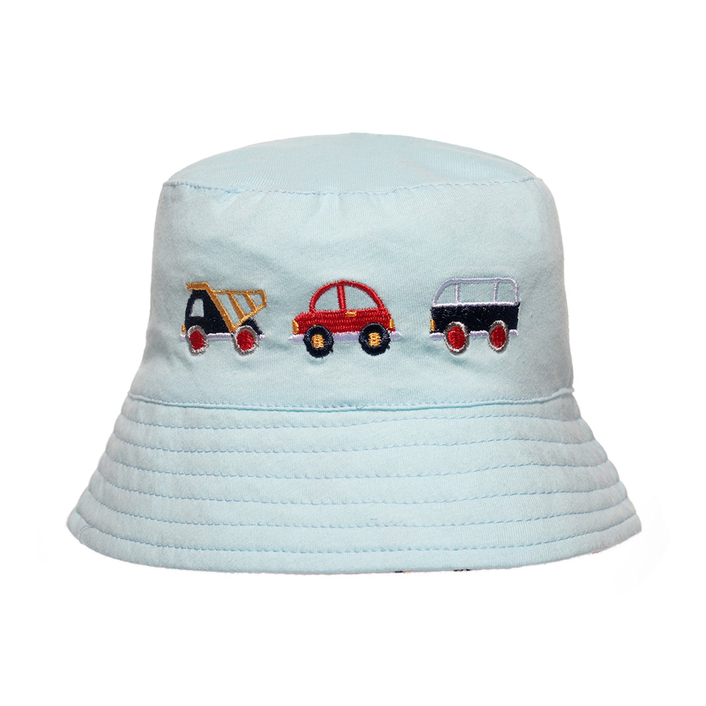 Baby Boys Car Patterned Embroidered Reversible Blue and White Bucket Hat Sun Hat