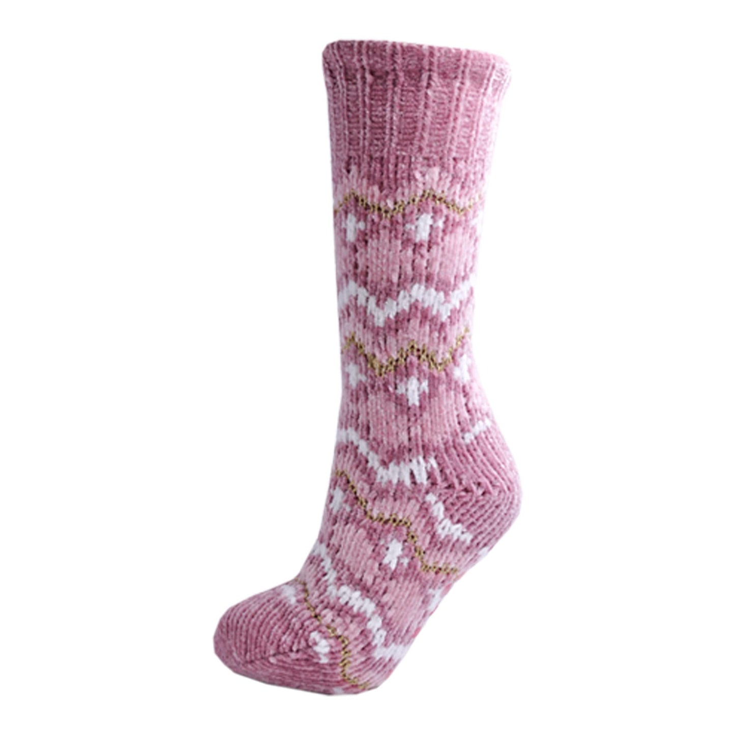 Ladies Pink Chenille Fairisle Sherpa Lined Slipper Socks