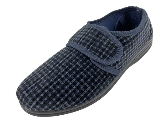 Men's Easy Access Checked Pattern Velour Touch-and-Close Strap Slippers