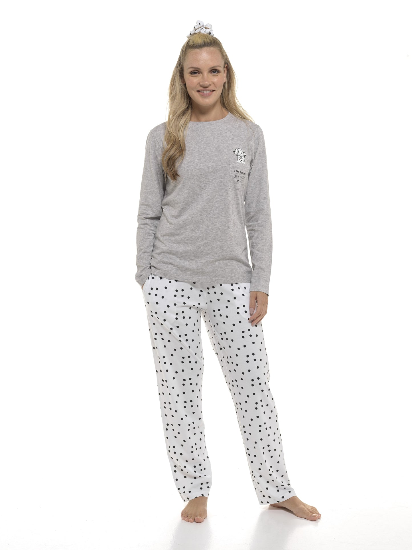 Ladies Dalmatian Dog Print Cotton Pyjamas with Matching Scrunchie Set
