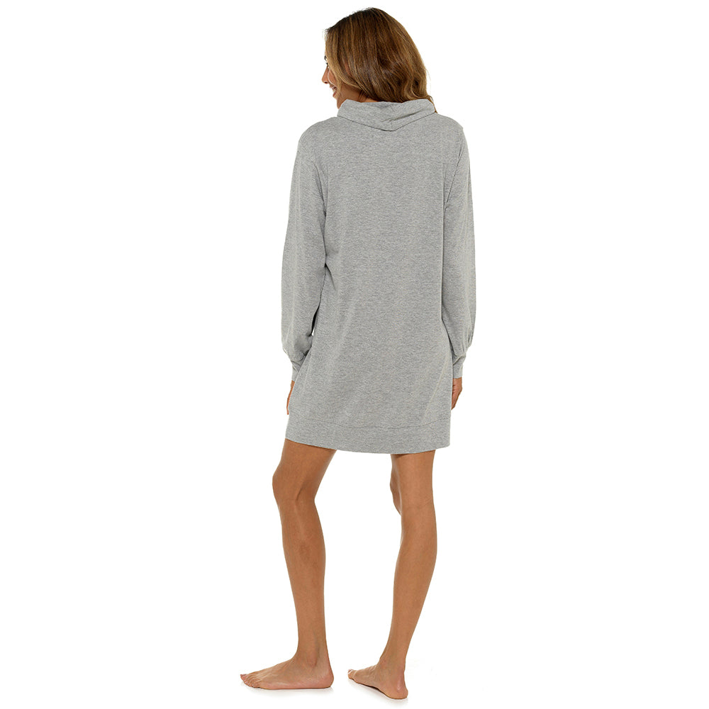 Ladies Grey Marl Cowl Neck Long Length Jersey Lounge Top with Kangaroo Pocket
