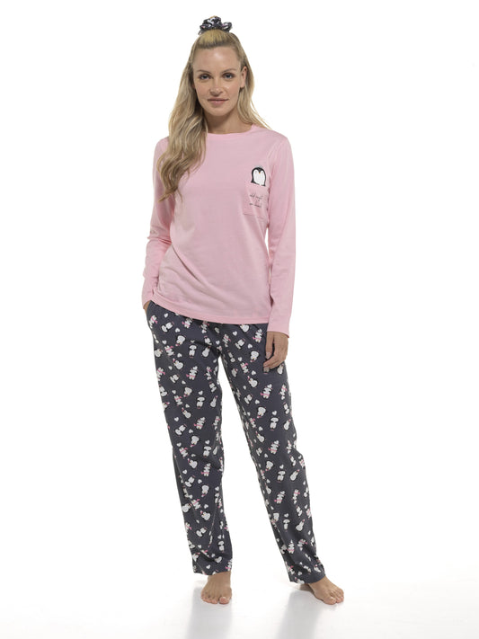 Ladies Penguin Print Cotton Pyjamas with Matching Scrunchie Set