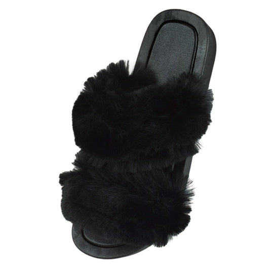 Ladies Black Two Strap Fluffy Faux Fur Fashion Pool Sliders Beach Sandals