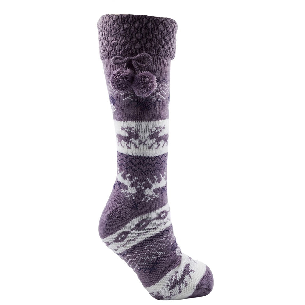 Ladies Fleece Lined Reindeer Fairisle Stripe Slipper Socks