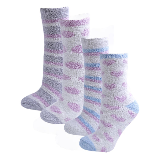 4 Pairs Ladies Hearts and Stripes Patterned Super Soft Slipper Socks with Grippe