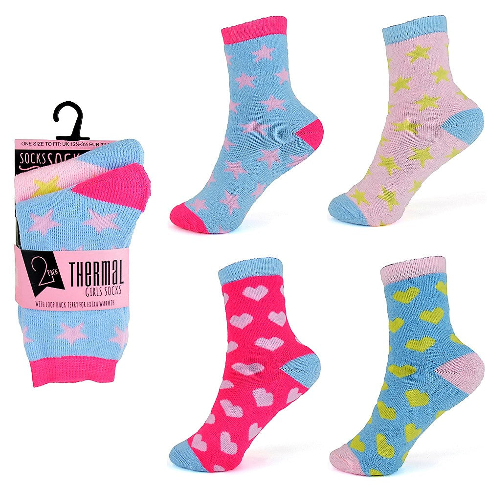 Girls Stars & Hearts Patterned Thermal Socks 4 Pack