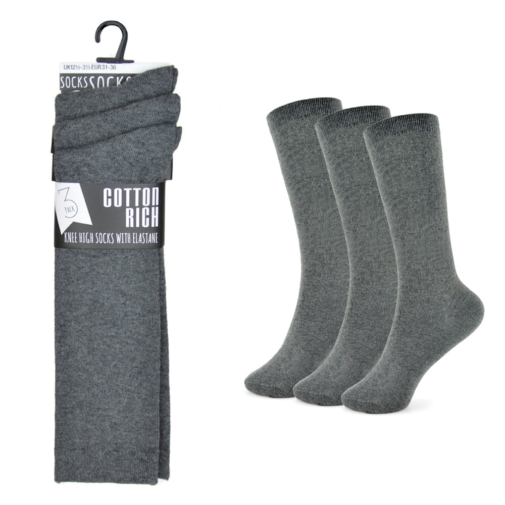 6 Pairs Girls' Cotton-Rich Grey Knee High Socks