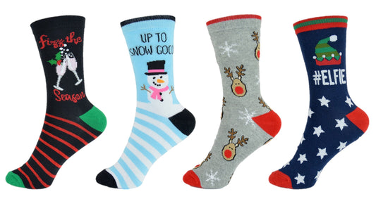 4 Pairs Christmas Patterned Cotton Rich Ladies Socks