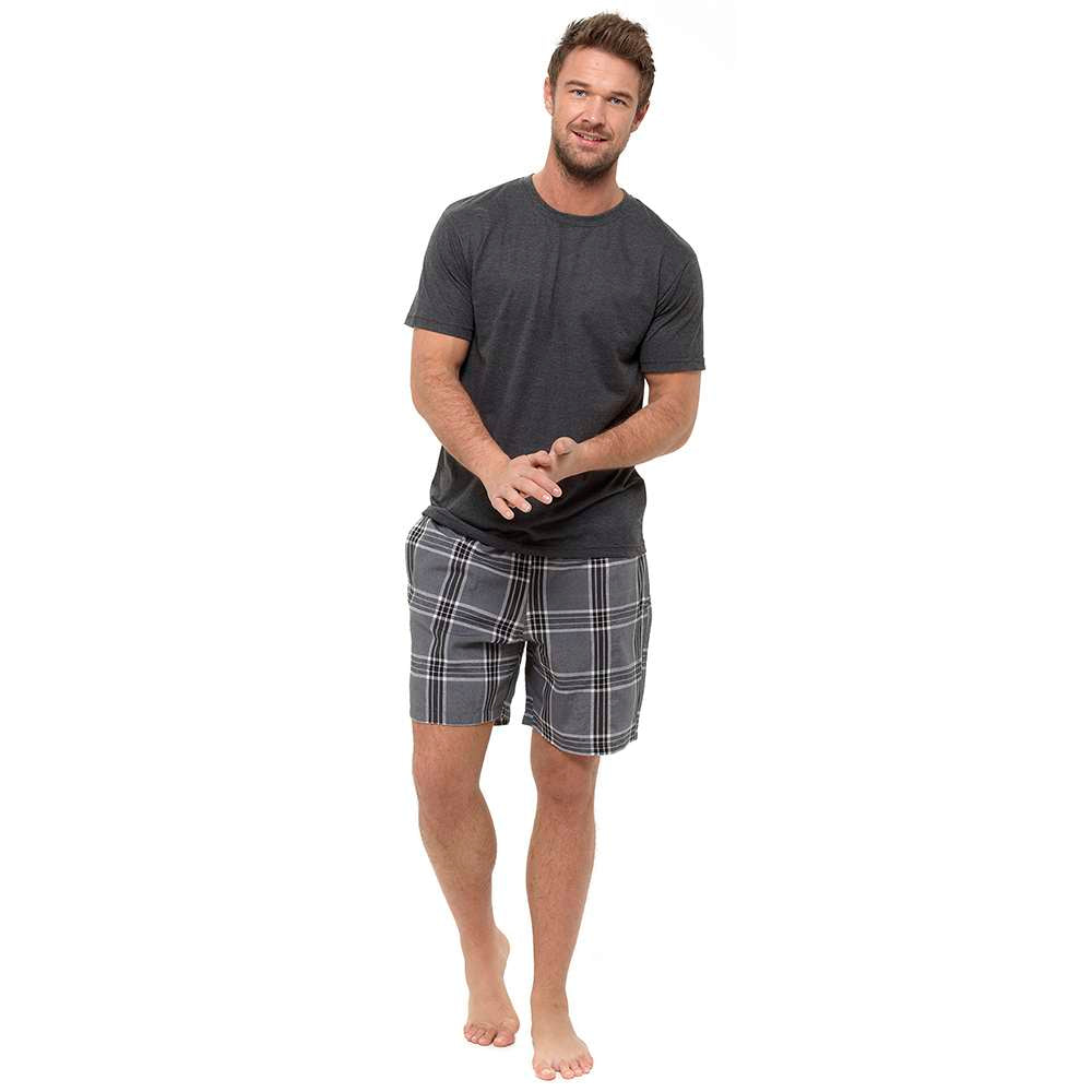 Mens T-Shirt Top and Checked Shorts Shortie Pyjama Set