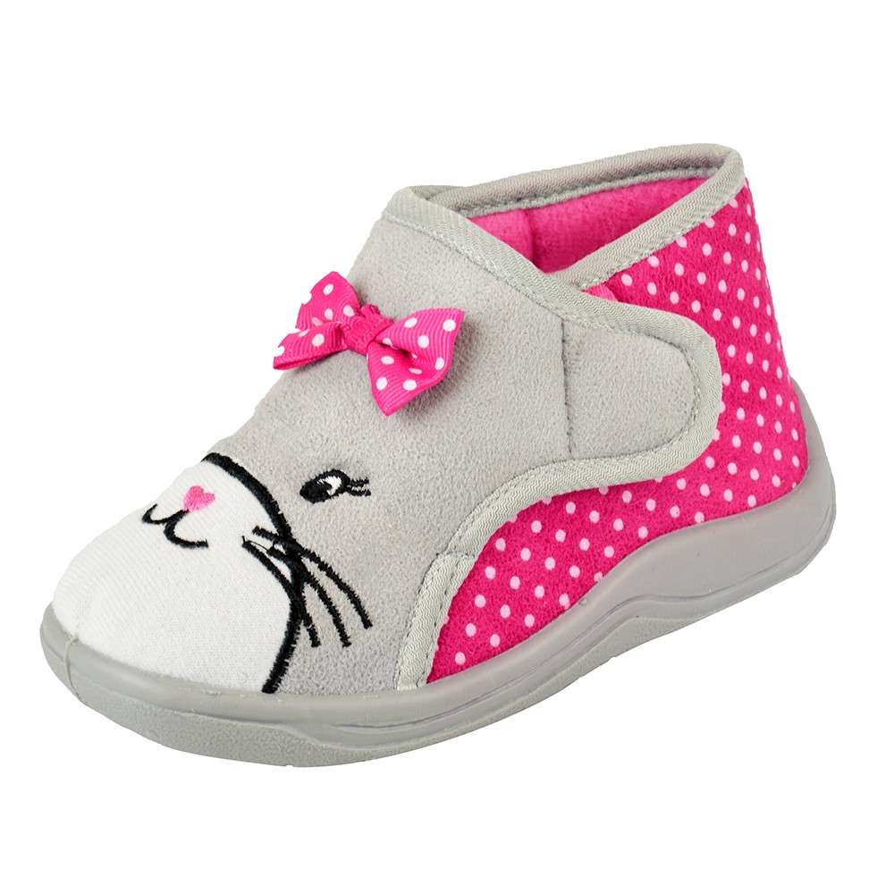 Toddler Girls Pink and Grey Cat Design Easy Close Bootie Slippers