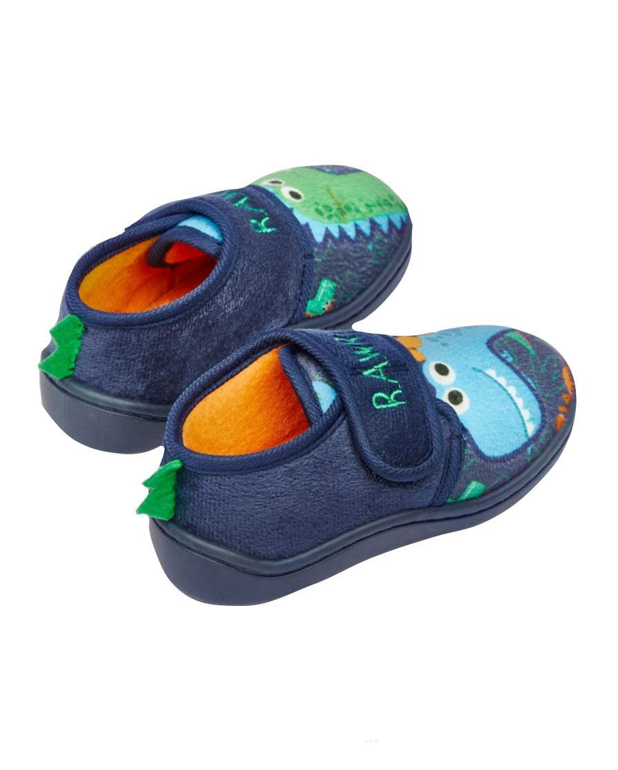Buckle my Shoe Boys Dinosaur Patterned Navy Blue Easy Close Slippers