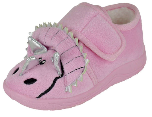 Girls Pink Triceratops Adjustable Strap Fleece Bootie Slippers