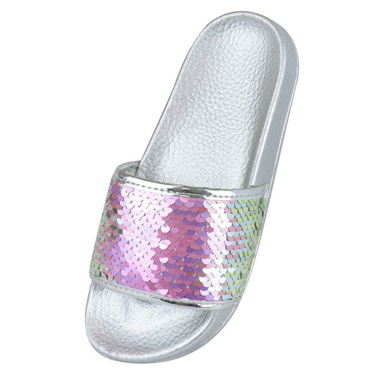 Girls Silver and Rainbow Sequin Pool Slider Beach Sandals