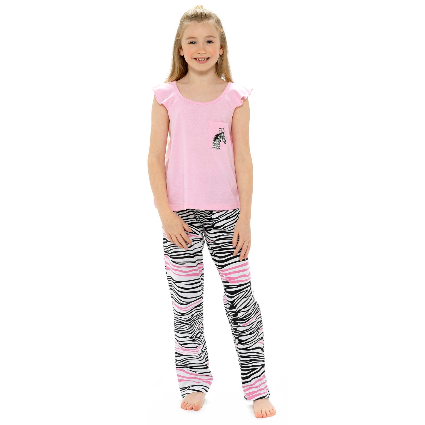 Girls Zebra Print Ruffle Top Pyjama Set