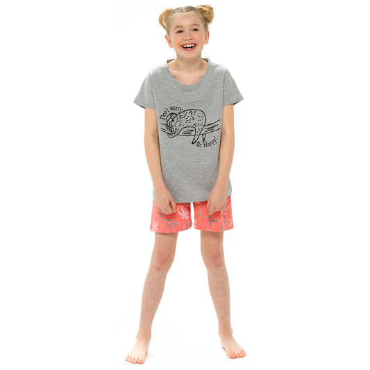Girl's "Don't worry Be happy" Sloth Print Shortie Pyjama Set